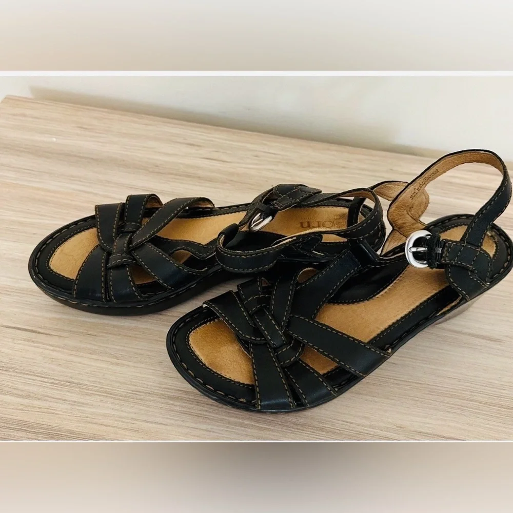 Born Women's Black Leather Strappy Sandals Comfort Wedge Shoes Size‎ 8